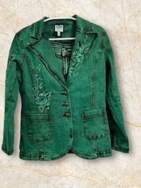 DG2 Diane Gilman Embroidered Denim Acid Wash Green Jacket Sz S Stretch Grunge